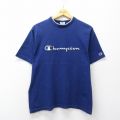 M★古着 チャンピオン champion 半袖 ビンテージ Tシャツ メンズ 90年代 90s ビッグロゴ 刺繍 クルーネック USA製 紺 26apr04