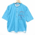 L★古着 ビューグルボーイ 半袖 ビンテージ Tシャツ メンズ 90年代 90s オーシャン 胸ポケット付き コットン ヘンリーネック 水色 26mar24