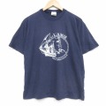 L★古着 半袖 ビンテージ Tシャツ メンズ 80年代 80s 船 コットン クルーネック 紺 26apr02