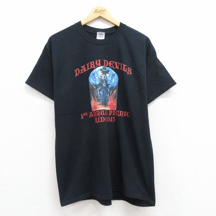 【50%OFF】XL★古着 半袖 Tシャツ メンズ バイク コットン クルーネック 黒 ブラック 24feb12 中古