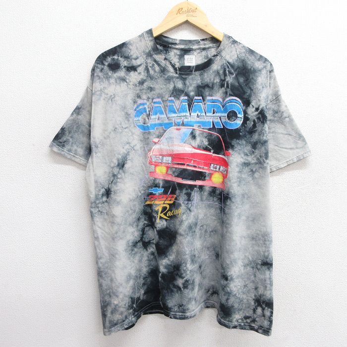 XL★古着 半袖 Tシャツ メンズ 車 カマロ シボレー レーシング 大きいサイズ コットン クルーネック 黒他 ブラック タイダイ 25apr25 中古