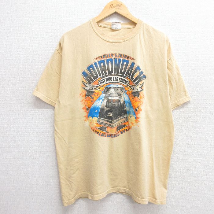 XL★古着 半袖 Tシャツ メンズ 車 クラシックカー ホットロッド HOT ROD アディロンダック 大きいサイズ コットン クルーネック 薄黄 イエロー 25apr25 中古