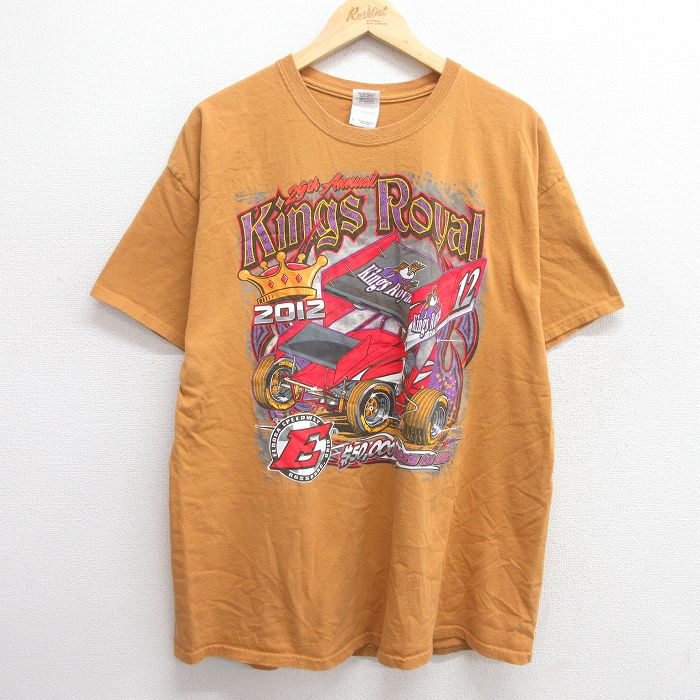 XL★古着 半袖 Tシャツ メンズ レーシングカー キングスロイヤル コットン クルーネック 茶系 ブラウン 25apr25 中古