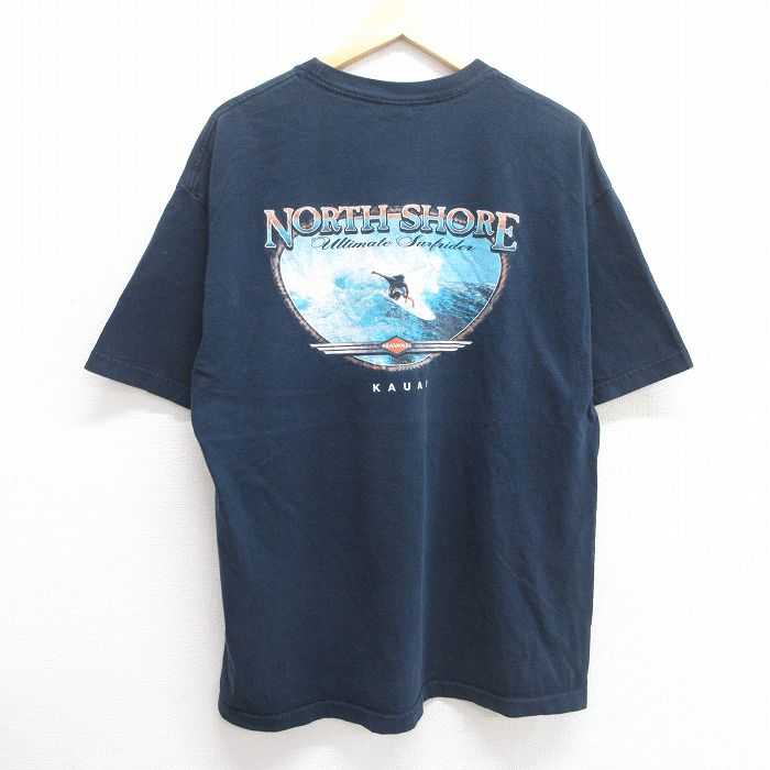XL★古着 半袖 ビンテージ Tシャツ メンズ 00年代 00s サーフィン ノースショア コットン クルーネック 紺 ネイビー 25apr25 中古