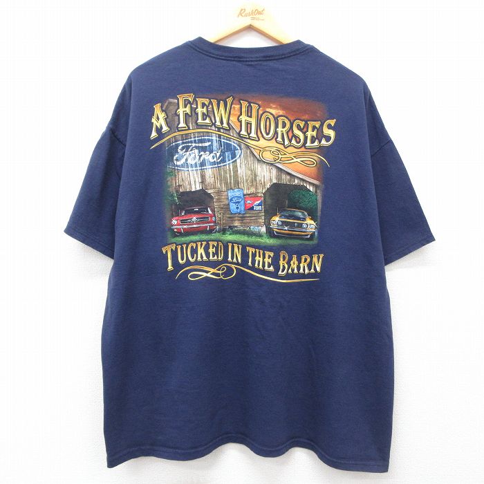 XL★古着 半袖 ビンテージ Tシャツ メンズ 00年代 00s 車 クラシックカー Ford コットン クルーネック 紺 ネイビー 25may09 中古
