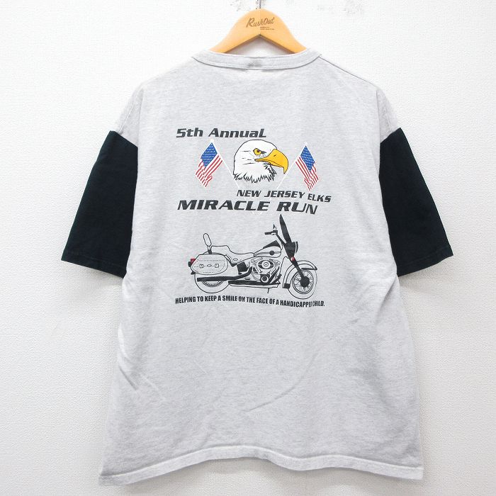 XL★古着 半袖 ビンテージ Tシャツ メンズ 90年代 90s バイク 鳥 ツートンカラー 大きいサイズ ヘンリーネック 薄グレー他 霜降り 25may09 中古