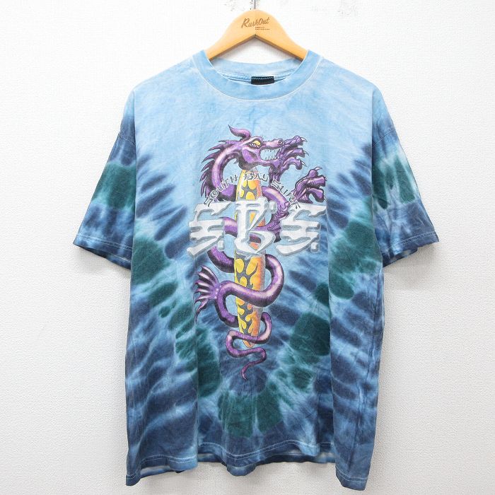 XL★古着 半袖 ビンテージ Tシャツ メンズ 00年代 00s サーフボード ドラゴン 大きいサイズ コットン クルーネック 紺他 ネイビー タイダイ 25may09 中古