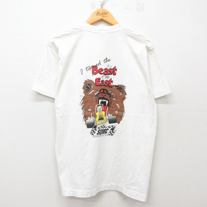 L★古着 フルーツオブザルーム 半袖 ビンテージ Tシャツ メンズ 90年代 90s レーシングカー クマ シラキュース クルーネック 白 ホワイト 25may09 中古