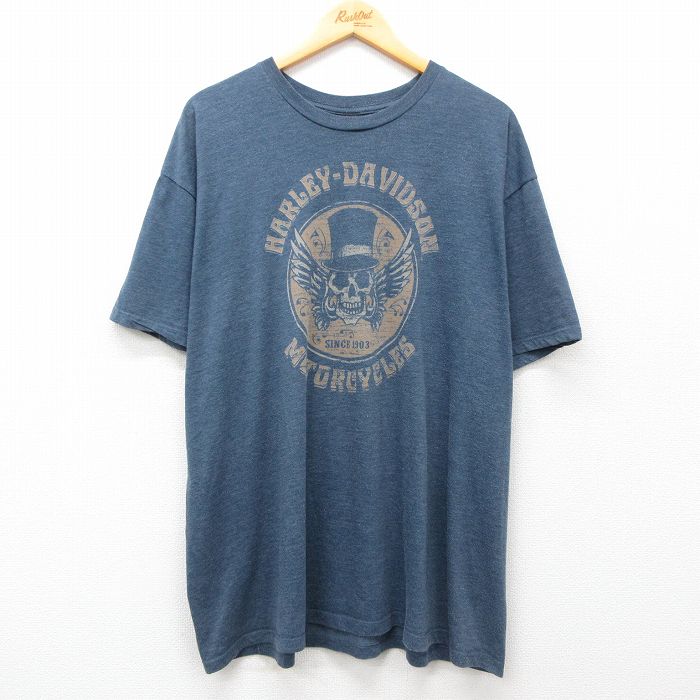 XL★古着 ハーレーダビッドソン Harley Davidson 半袖 Tシャツ メンズ スカル 大きいサイズ クルーネック 紺 ネイビー 霜降り 【spe】 25may09 中古