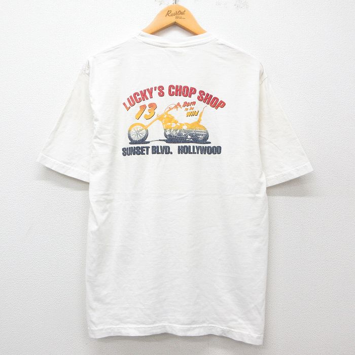 【50%OFF】XL★古着 ラッキーブランド Lucky Brand 半袖 ビンテージ Tシャツ メンズ 90年代 90s バイク コットン クルーネック USA製 白 ホワイト 25may09 中古