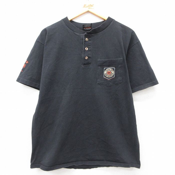 L★古着 ハーレーダビッドソン Harley Davidson 半袖 ビンテージ Tシャツ メンズ 00年代 00s 胸ポケット付き コットン ヘンリーネック 黒 ブラック 【spe】 25may09 中古