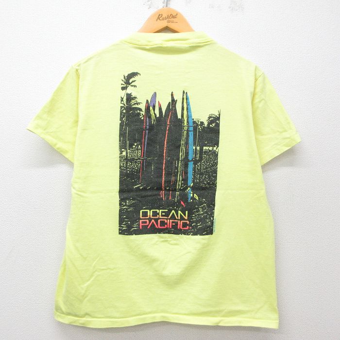 L★古着 オーシャンパシフィック OP 半袖 ビンテージ Tシャツ メンズ 90年代 90s サーフボード クルーネック 黄 イエロー 25may09 中古