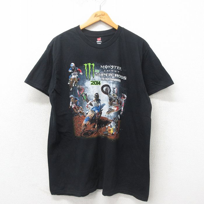 XL★古着 ヘインズ Hanes 半袖 Tシャツ メンズ モトクロス コットン クルーネック 黒 ブラック 25may12 中古