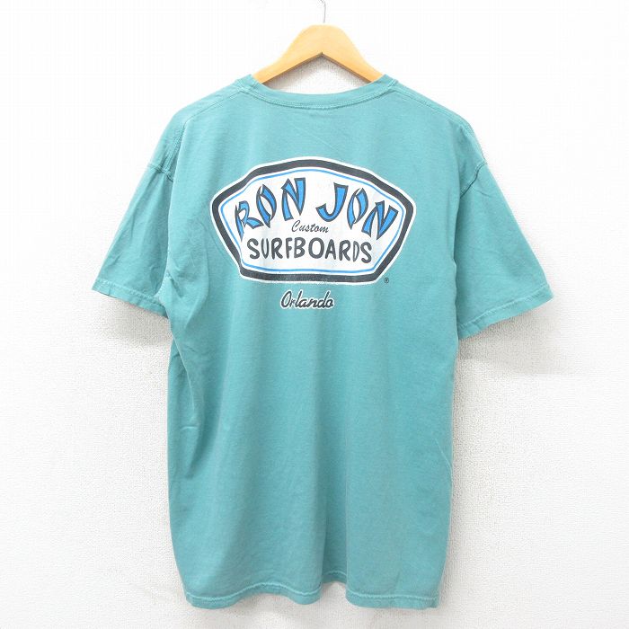 XL★古着 半袖 サーフ Tシャツ メンズ ロンジョン コットン クルーネック 青緑 25may12 中古