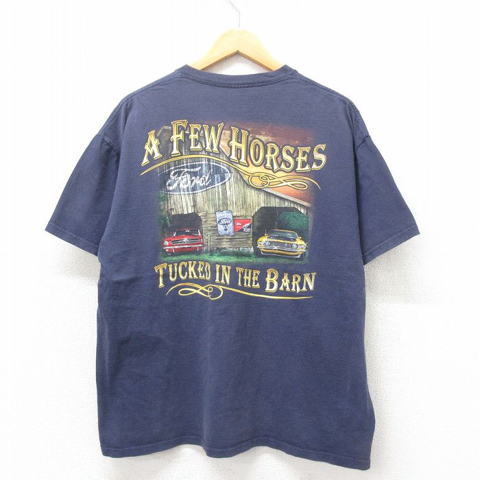 XL★古着 半袖 Tシャツ メンズ フォード ムスタング コットン クルーネック 紺 ネイビー 25may12 中古