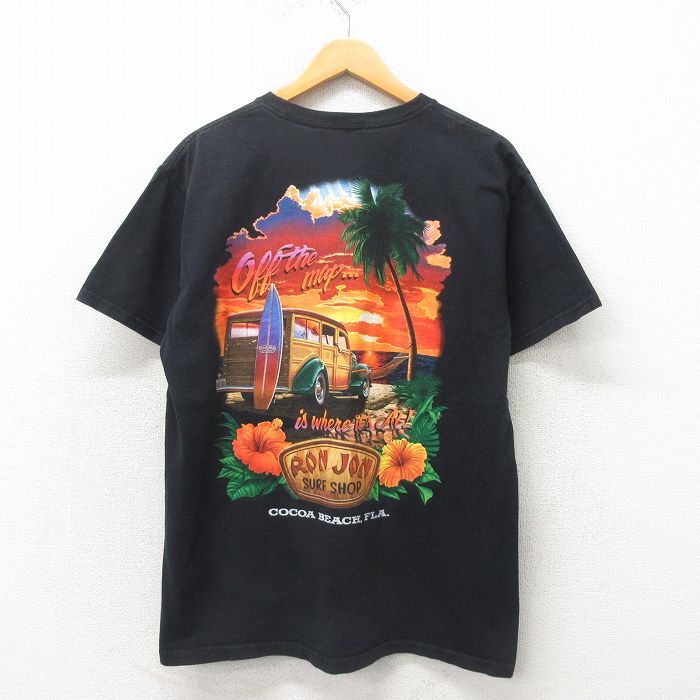 L★古着 半袖 サーフ Tシャツ メンズ ロンジョン クルーネック 黒 ブラック 25may12 中古