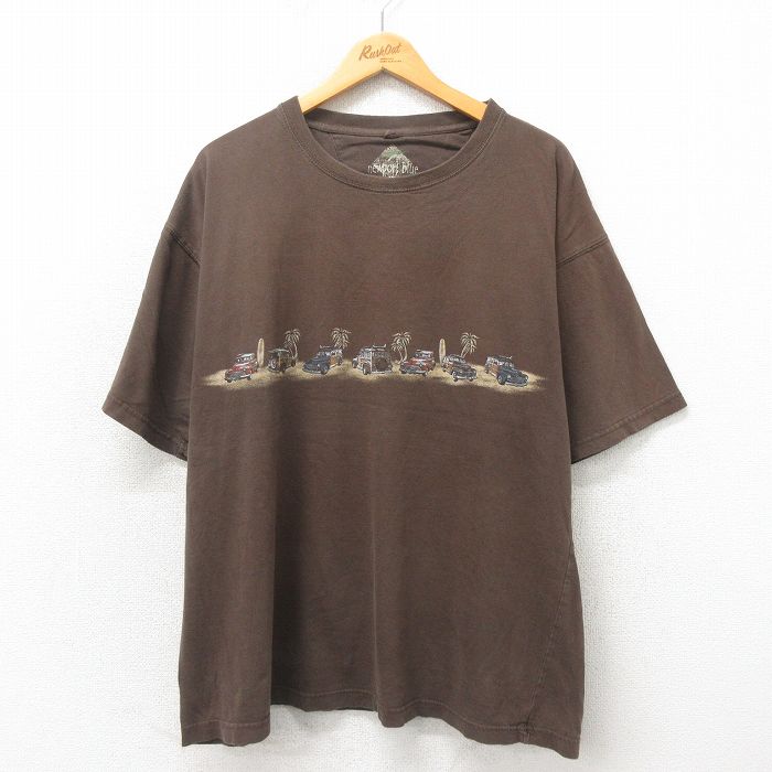 XL★古着 半袖 Tシャツ メンズ ウッディワゴン 大きいサイズ コットン クルーネック こげ茶 ブラウン 25may12 中古