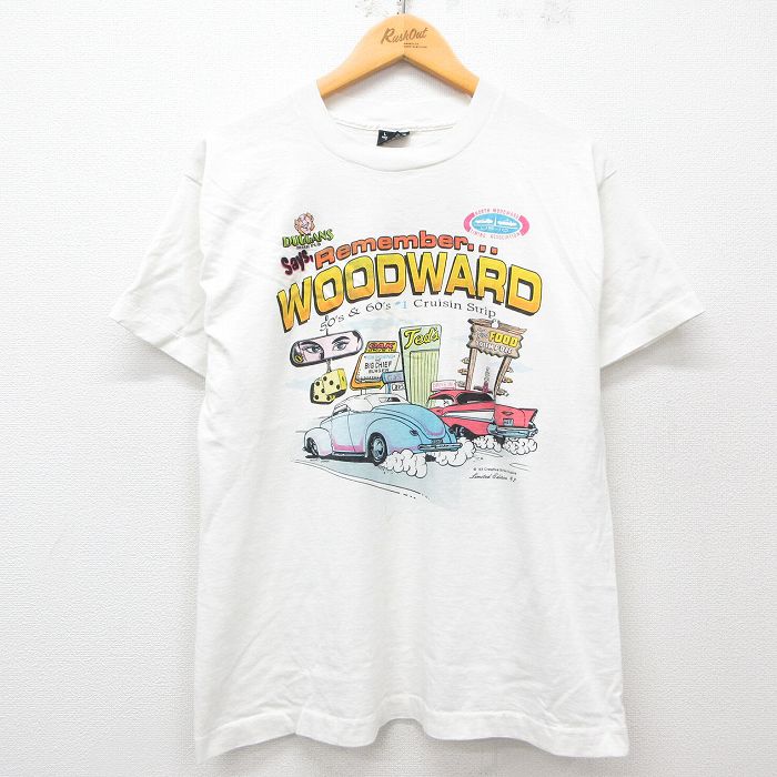 L★古着 フルーツオブザルーム 半袖 ビンテージ Tシャツ メンズ 90年代 90s woodward 車 クルーネック USA製 白 ホワイト 25may15 中古