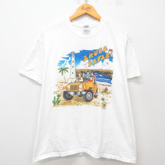 L★古着 半袖 ビンテージ Tシャツ メンズ 00年代 00s ARUBA サファリ 車 コットン クルーネック 白 ホワイト 25may15 中古