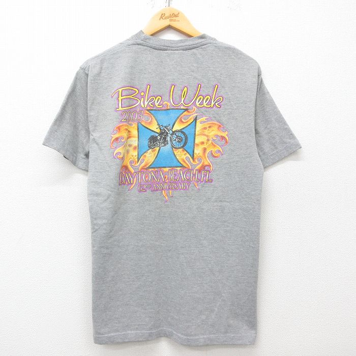 L★古着 半袖 ビンテージ Tシャツ メンズ 00年代 00s バイク デイトナビーチ コットン クルーネック グレー 霜降り 25may15 中古