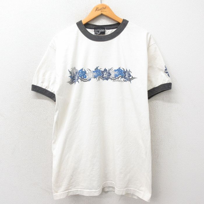 L★古着 ガッチャ 半袖 ビンテージ Tシャツ メンズ 00年代 00s ハイビスカス コットン クルーネック 白 ホワイト リンガー 25may19 中古