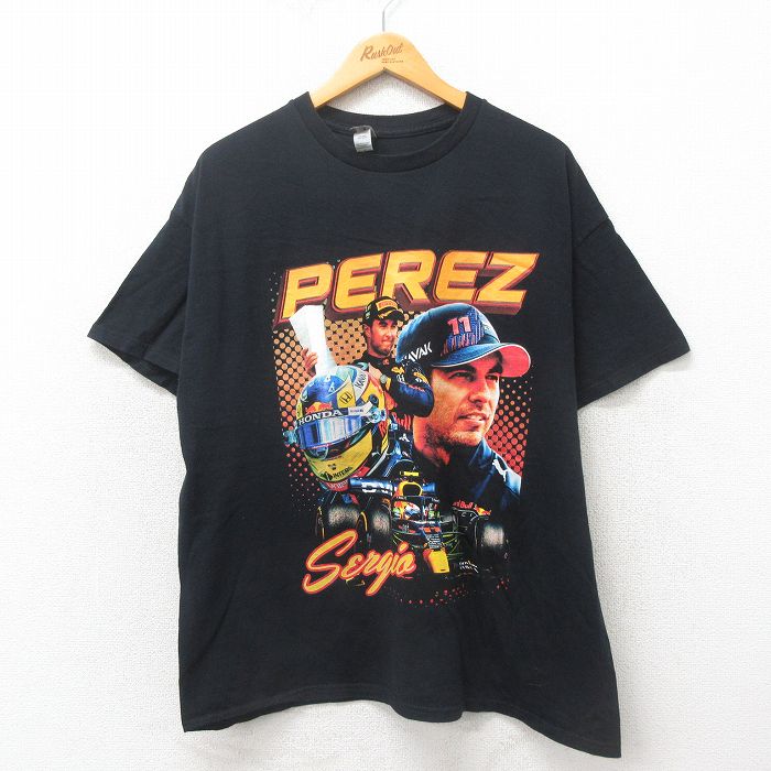 XL★古着 半袖 Tシャツ メンズ PEREZ 大きいサイズ コットン クルーネック 黒 ブラック 25may19 中古