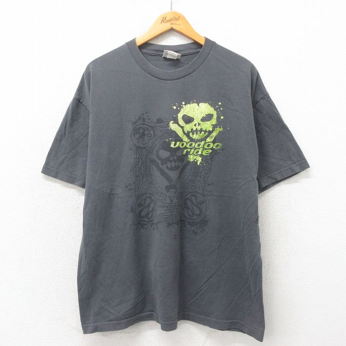 XL★古着 半袖 ビンテージ Tシャツ メンズ 00年代 00s スカル 大きいサイズ コットン クルーネック グレー 25may19 中古