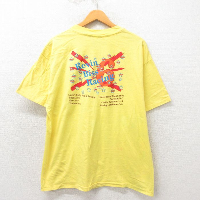 【50%OFF】XL★古着 ヘインズ Hanes 半袖 ビンテージ Tシャツ メンズ 90年代 90s レーシング コットン クルーネック USA製 黄 イエロー 25may19 中古