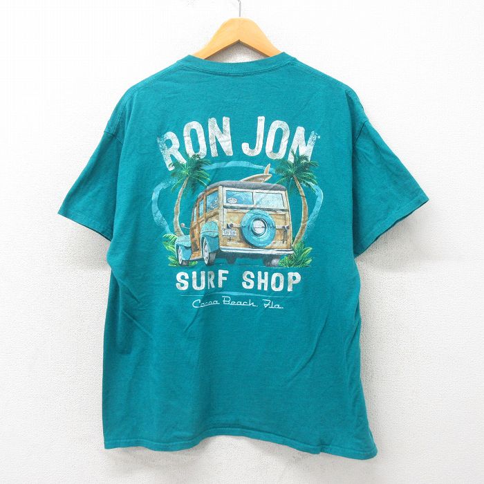 XL★古着 ロンジョン 半袖 サーフ Tシャツ メンズ ウッディワゴン クルーネック 青緑 25may19 中古