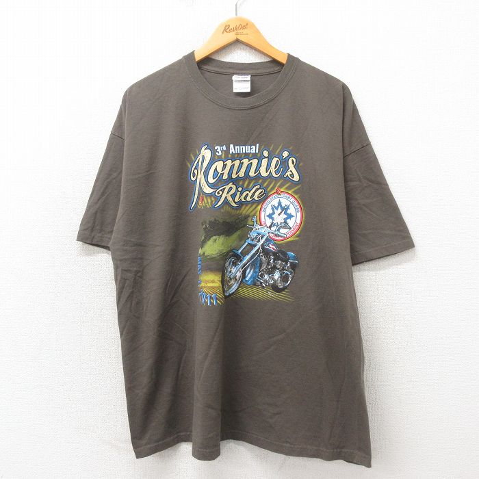 XL★古着 半袖 Tシャツ メンズ バイク 大きいサイズ コットン クルーネック こげ茶 ブラウン 25may19 中古