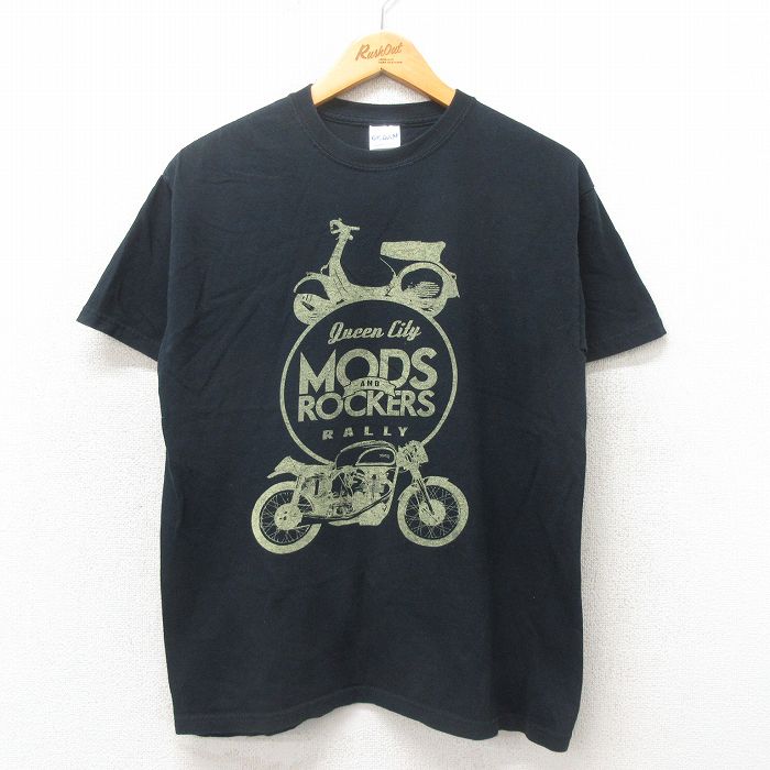M★古着 半袖 Tシャツ メンズ バイク スクーター 企業広告 コットン クルーネック 黒 ブラック 25may19 中古
