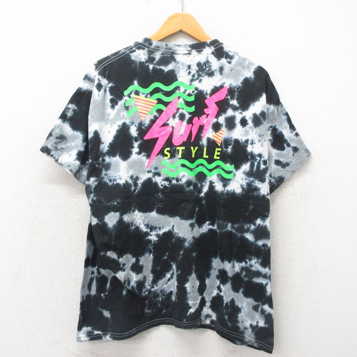 XL★古着 サーフスタイル 半袖 Tシャツ メンズ 大きいサイズ コットン クルーネック 黒 ブラック タイダイ 【spe】 25may19 中古