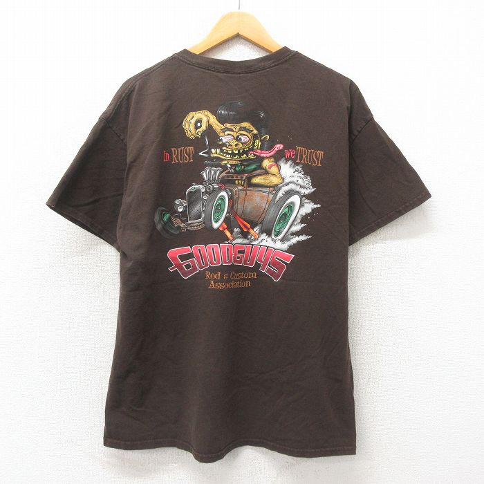 XL★古着 半袖 Tシャツ メンズ ホットロッド HOT ROD コットン クルーネック こげ茶 ブラウン 25may19 中古