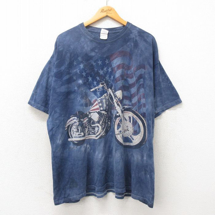 XL★古着 半袖 ビンテージ Tシャツ メンズ 00年代 00s バイク 大きいサイズ コットン 紺 ネイビー タイダイ 25may19 中古