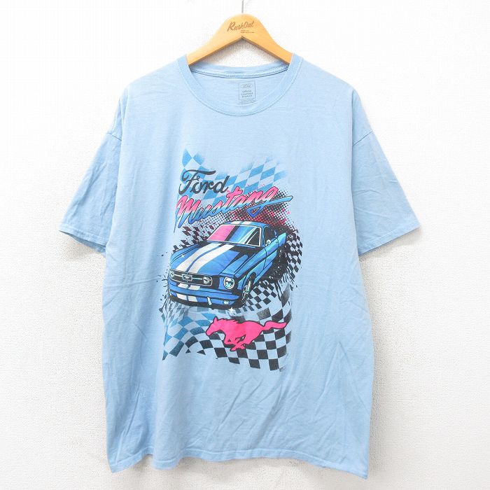 XL★古着 半袖 Tシャツ メンズ フォード ムスタング 大きいサイズ コットン クルーネック 水色 25may19 中古