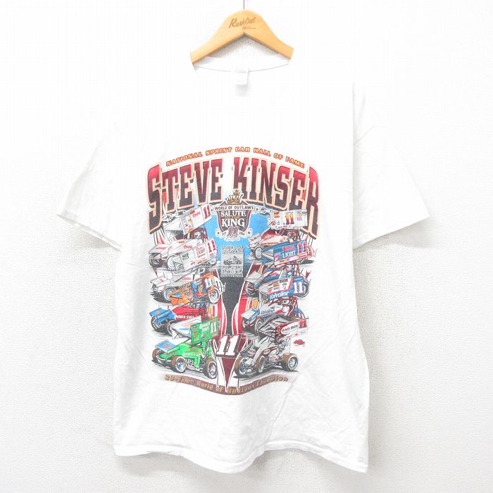 XL★古着 半袖 Tシャツ メンズ レーシングカー コットン クルーネック 白 ホワイト 25may30 中古
