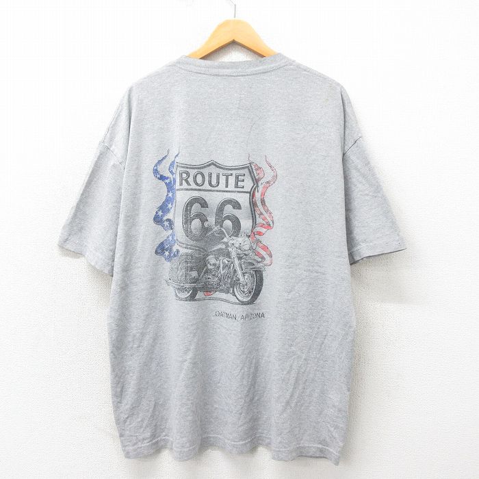 XL★古着 半袖 Tシャツ メンズ ルート66 バイク 大きいサイズ クルーネック グレー 霜降り 25may30 中古
