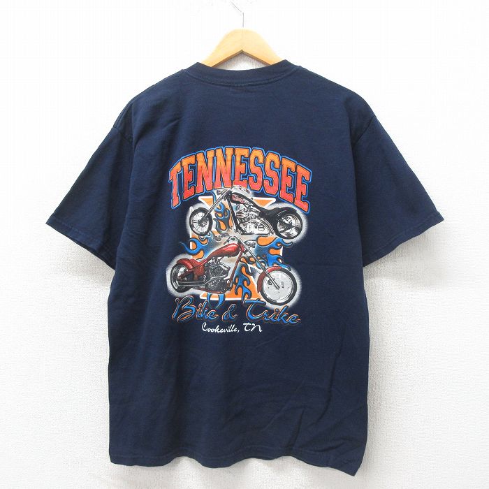 L★古着 半袖 ビンテージ Tシャツ メンズ 00年代 00s バイク コットン クルーネック 紺 ネイビー 25may30 中古