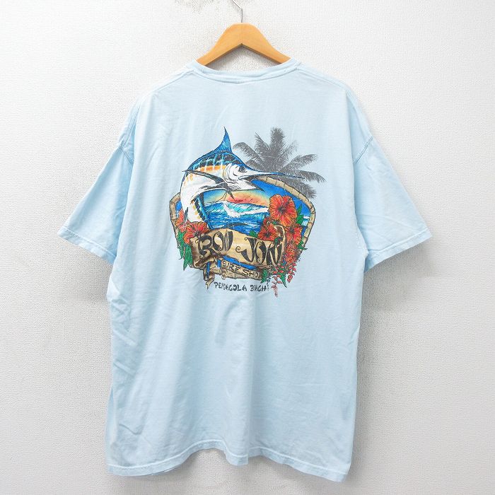 XL★古着 半袖 Tシャツ メンズ ロンジョン カジキ 大きいサイズ コットン クルーネック 水色 25may30 中古