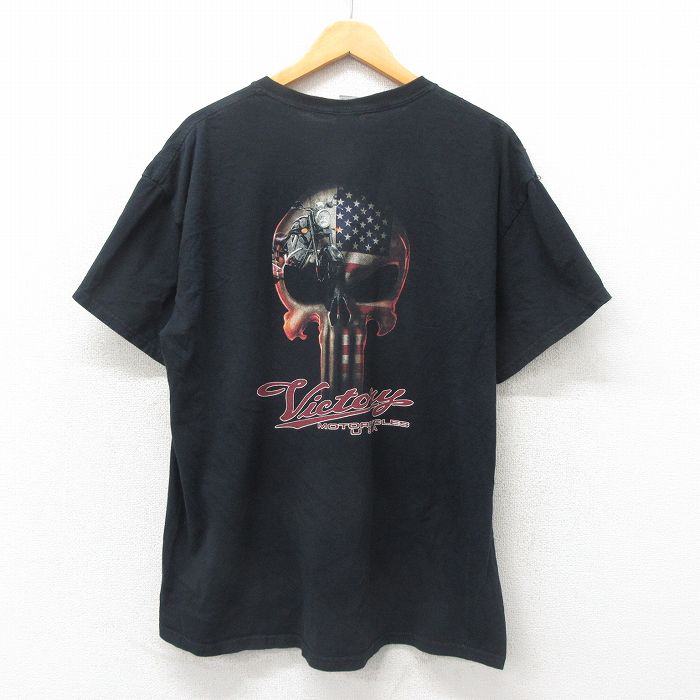 XL★古着 半袖 Tシャツ メンズ スカル バイク コットン クルーネック 黒 ブラック 25may30 中古