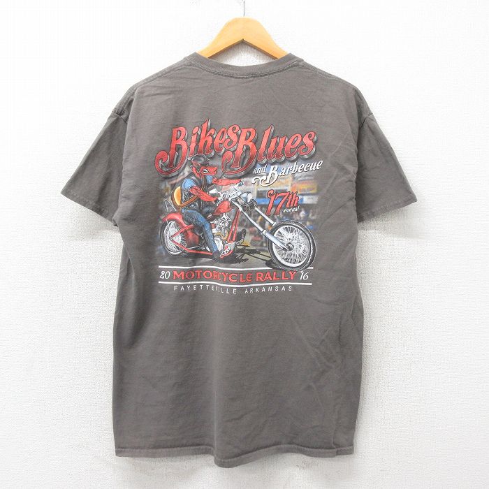 L★古着 半袖 Tシャツ メンズ イノシシ バイク コットン クルーネック グレー 25may30 中古