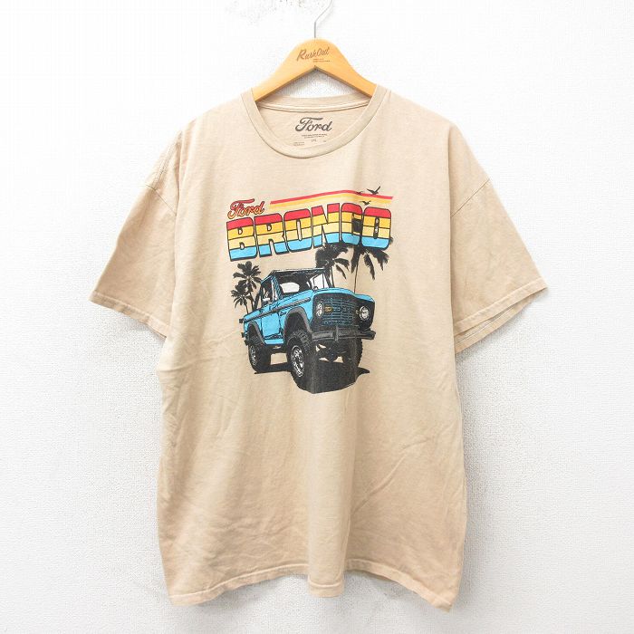 XL★古着 半袖 Tシャツ メンズ フォード ブロンコ 大きいサイズ コットン クルーネック ベージュ カーキ 霜降り 25may30 中古