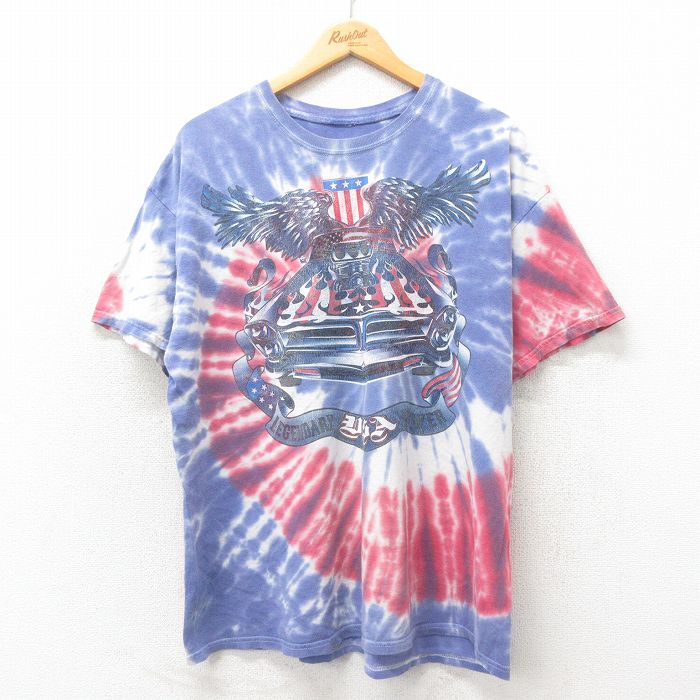 【50%OFF】XL★古着 半袖 Tシャツ メンズ 車 大きいサイズ クルーネック 紺 ネイビー タイダイ 25may30 中古