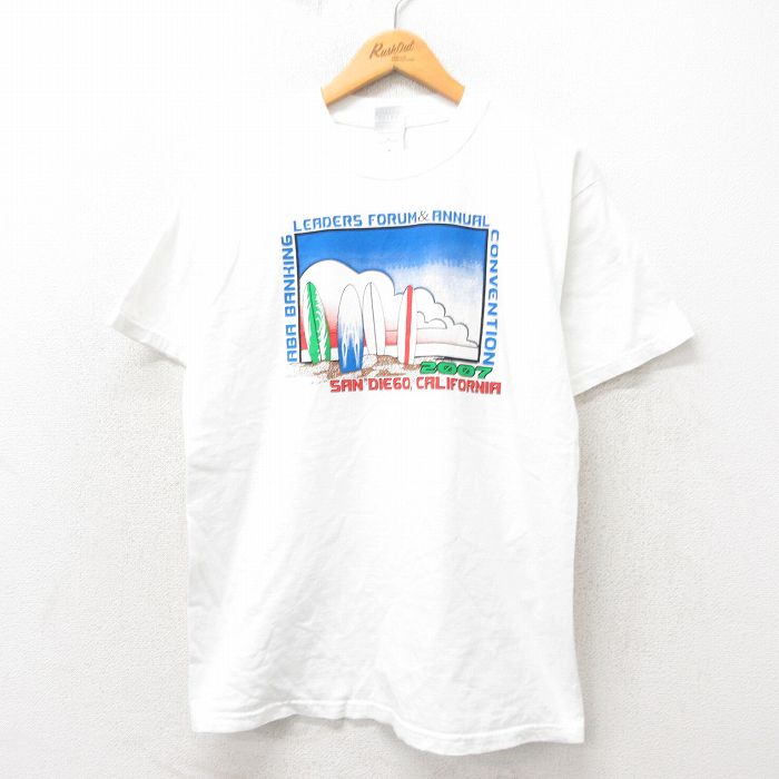 L★古着 半袖 ビンテージ サーフ Tシャツ メンズ 00年代 00s サーフボード コットン クルーネック 白 ホワイト 25may31 中古