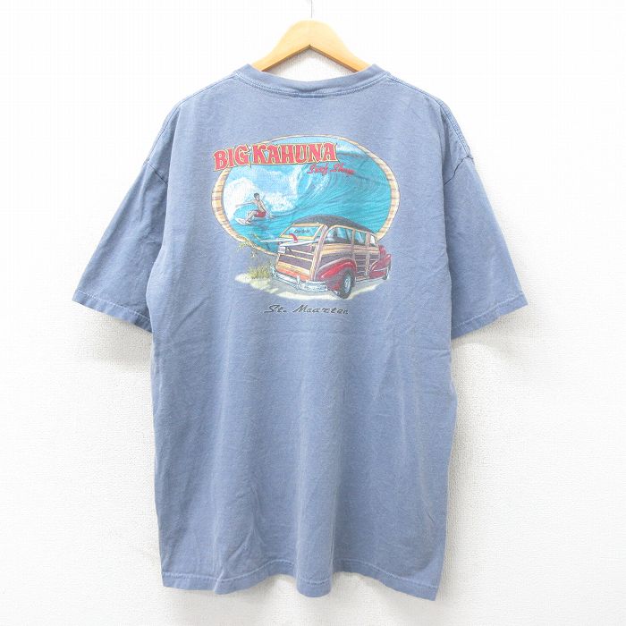 XL★古着 半袖 サーフ Tシャツ メンズ サーフィン 車 大きいサイズ コットン 薄紺 ネイビー 25may31 中古