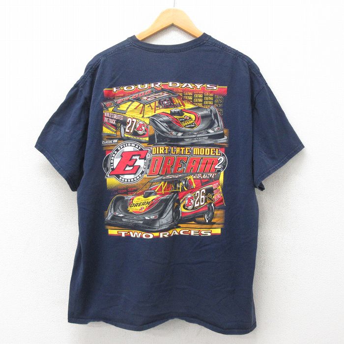 XL★古着 半袖 Tシャツ メンズ レーシングカー 大きいサイズ コットン クルーネック 紺 ネイビー 25may31 中古