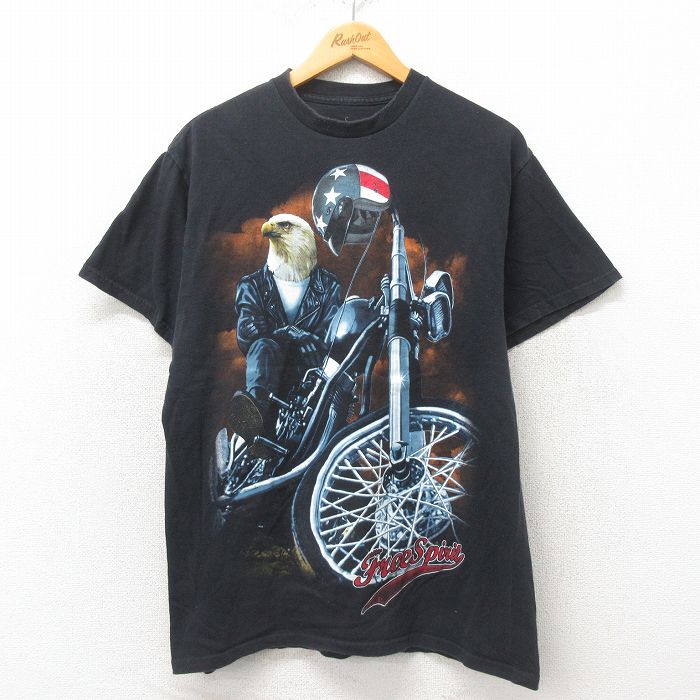 L★古着 半袖 Tシャツ メンズ 鳥 バイク コットン クルーネック 黒 ブラック 25may31 中古