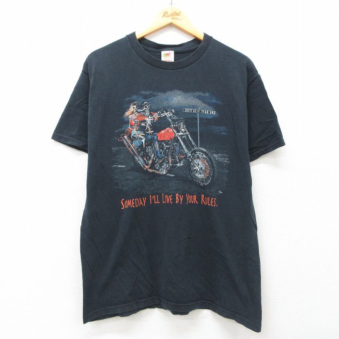 L★古着 フルーツオブザルーム 半袖 ビンテージ Tシャツ メンズ 00年代 00s バイク スケルトン コットン クルーネック 黒 ブラック 25jun12 中古