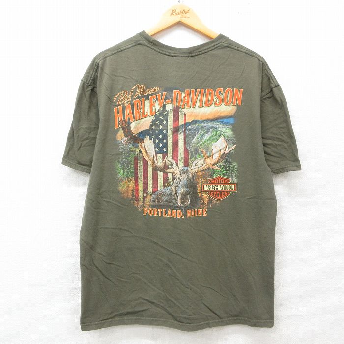 XL★古着 半袖 Tシャツ メンズ ハーレーダビッドソン Harley Davidson シカ 大きいサイズ クルーネック 濃緑 グリーン 【spe】 25jun12 中古
