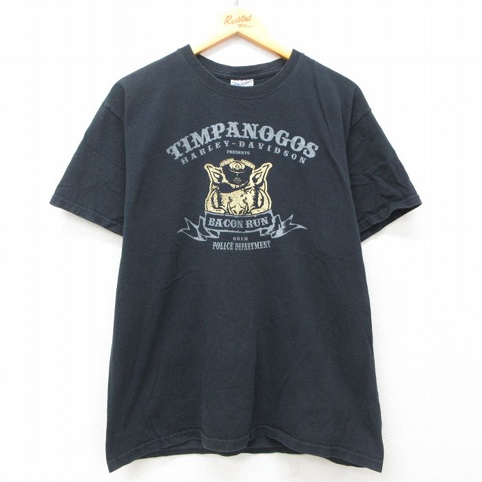 L★古着 半袖 ビンテージ Tシャツ メンズ 00年代 00s ハーレーダビッドソン Harley Davidson ブタ ティンパノーゴス コットン クルーネック 黒 ブラック 25jun12 中古